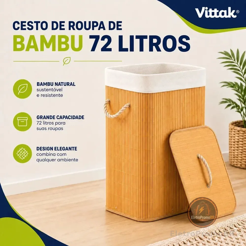 Vittak Cesto De Roupa Bambu 72 Litros Dobrável Retangular Com Tampa E Forro