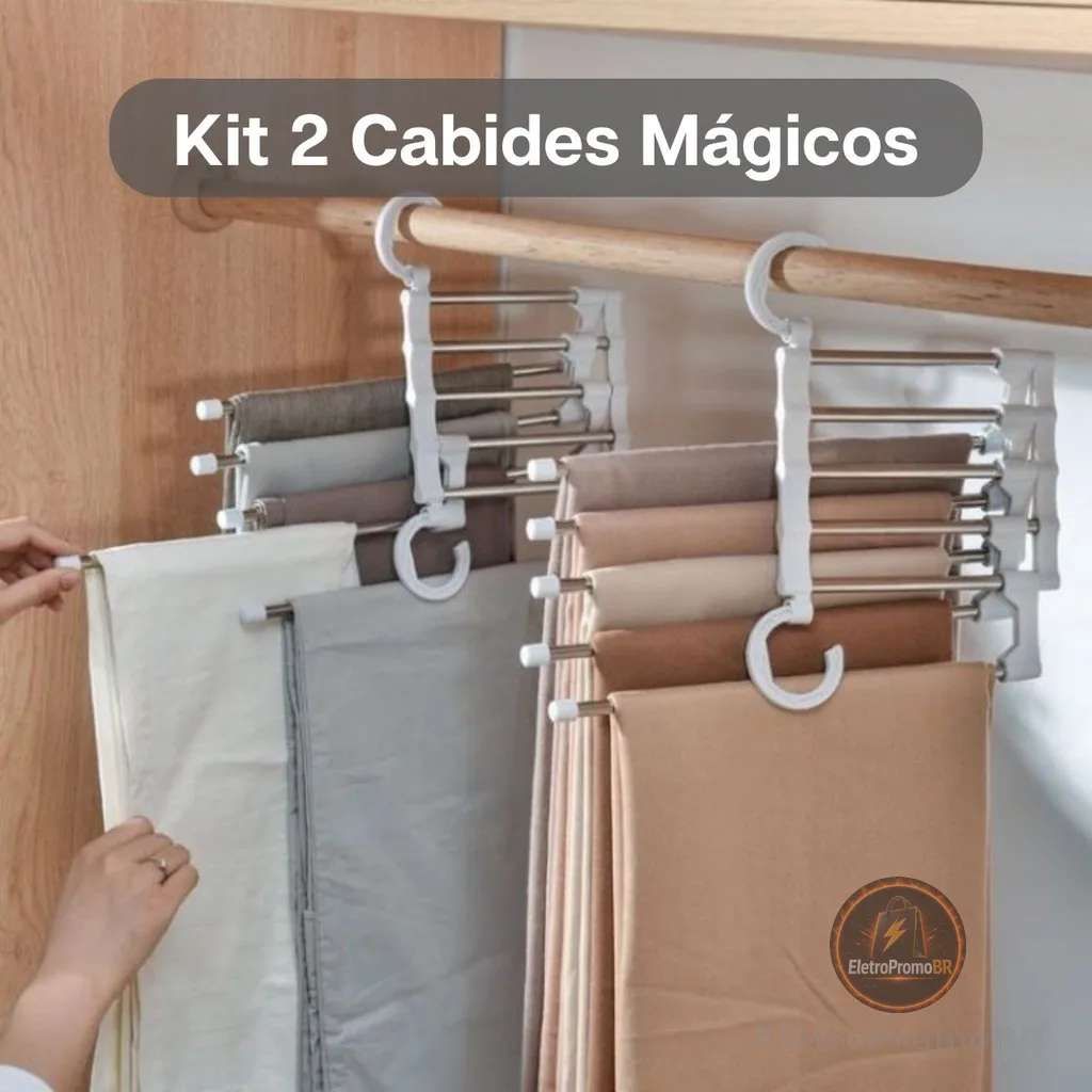 Kit Com 2 Cabides Multiuso 5 em 1 Aço Inox Guarda Roupa Organizador Cabideiro de Calças Camisetas
