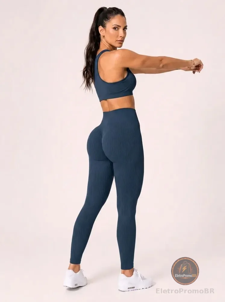 Calça Legging Canelada Feminina Academia Sem Costura Fitness Azul Liso G/gg