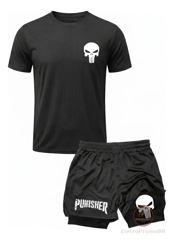 Kit Academia Treino Camiseta Dry Fit + Short 2 Em 1 Punisher Preto G