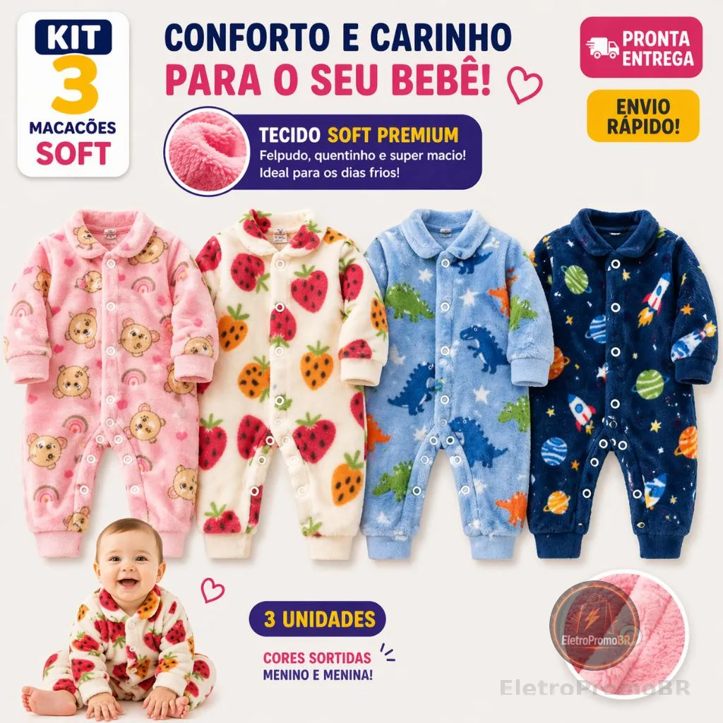 Kit 3 Macacão Soft De Bebê Com Botões Enxoval Infantil