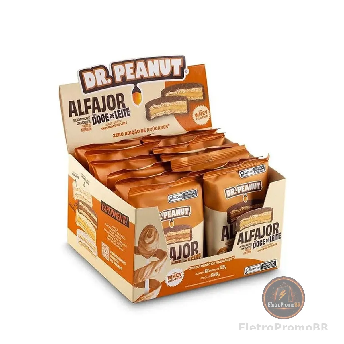 Alfajor com Pasta de Amendoim - 12 Unidades de 55g Doce de Leite Com Cobertura ao Leite - Dr. Peanut