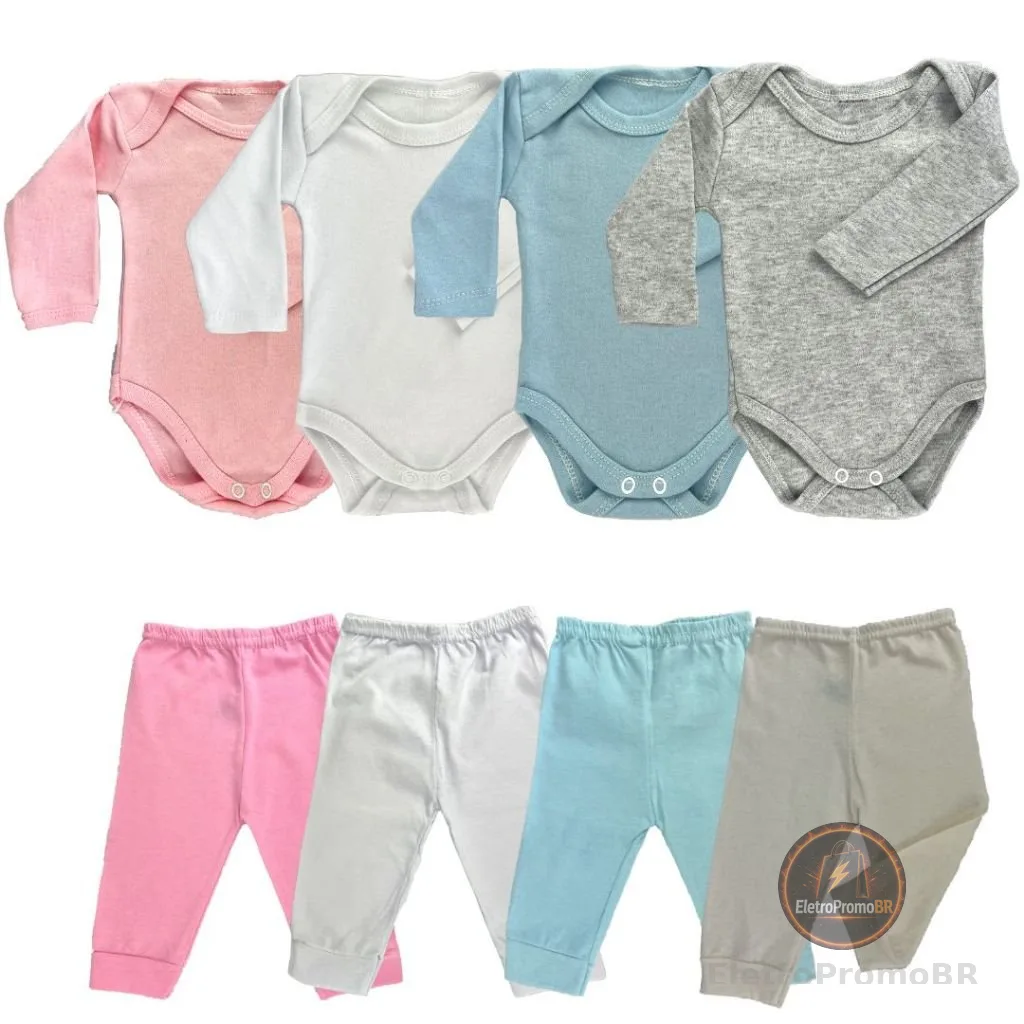 kit 4 peças mijão calça e body manga longa infantil bebe masculino e feminino