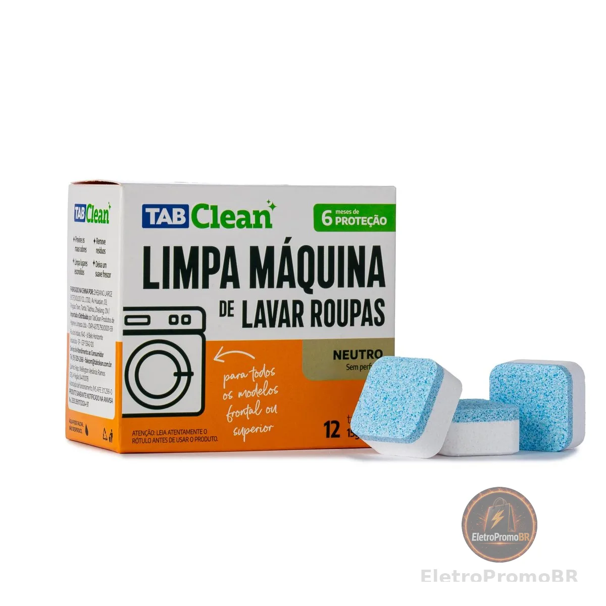 Limpa Maquina de Lavar Roupas em Tabletes/Pastilhas TabClean kit c/12 unds de 15g (180g) 12 Ciclos de Limpeza e Higienização para todas as maquinas de Lavar Roupas c/tampa frontal ou superior.