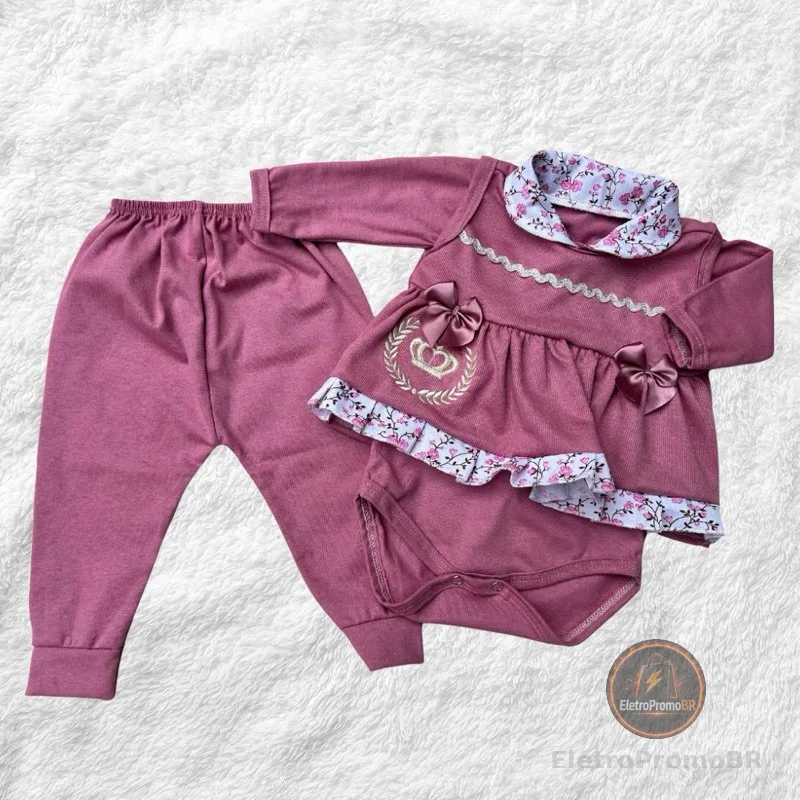 Conjunto Pagão Feminino 3 peças Roupa de Bebê 100% Algodão