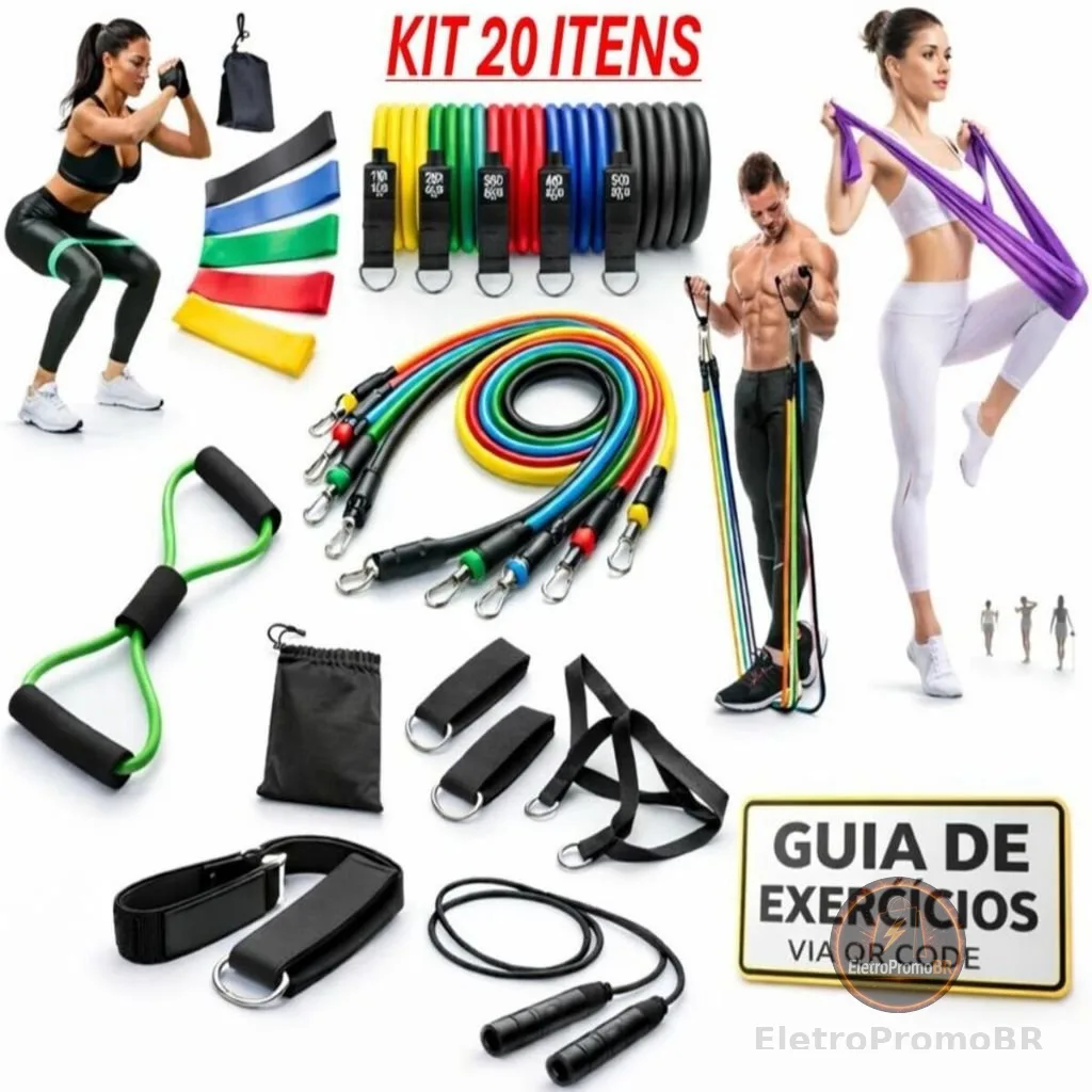 Kit 20 Itens Treino em Casa: Elásticos Extensor + Mini Band + Thera Band + Corda De Pular + Guia de Exercícios Exclusivo