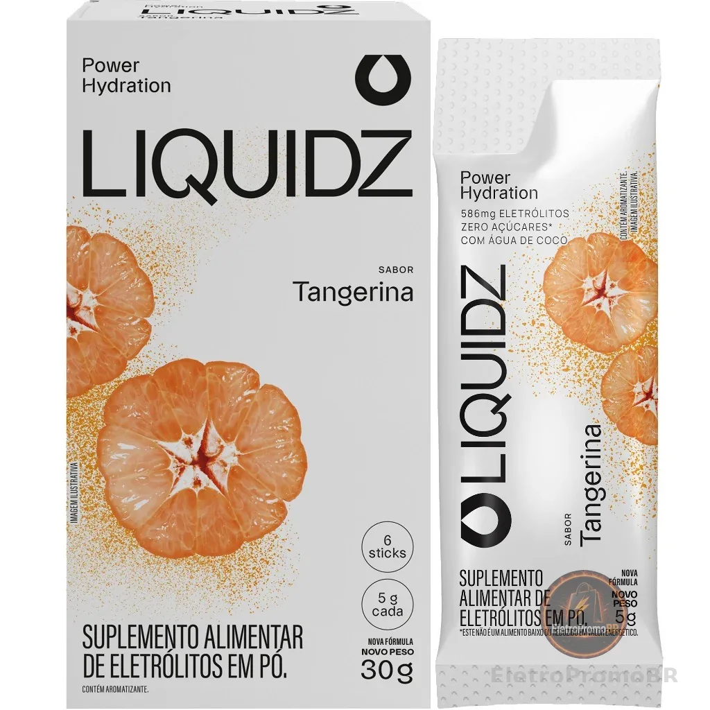 LIQUIDZ® - Eletrólitos Zero Açúcares - Sabor Tangerina - 1 Caixa - 6 sachês
