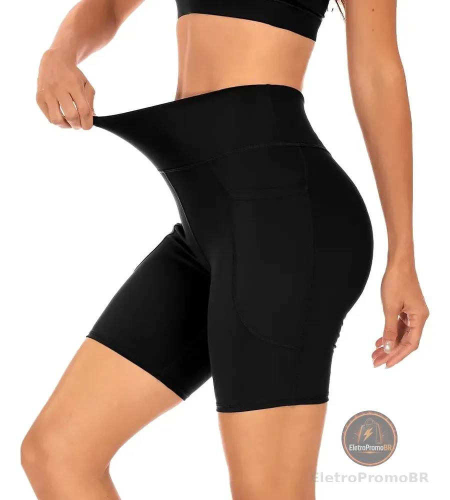 Shorts Academia Feminino Modelador Com Bolso Moda Feminina Preto Poliamida Gg