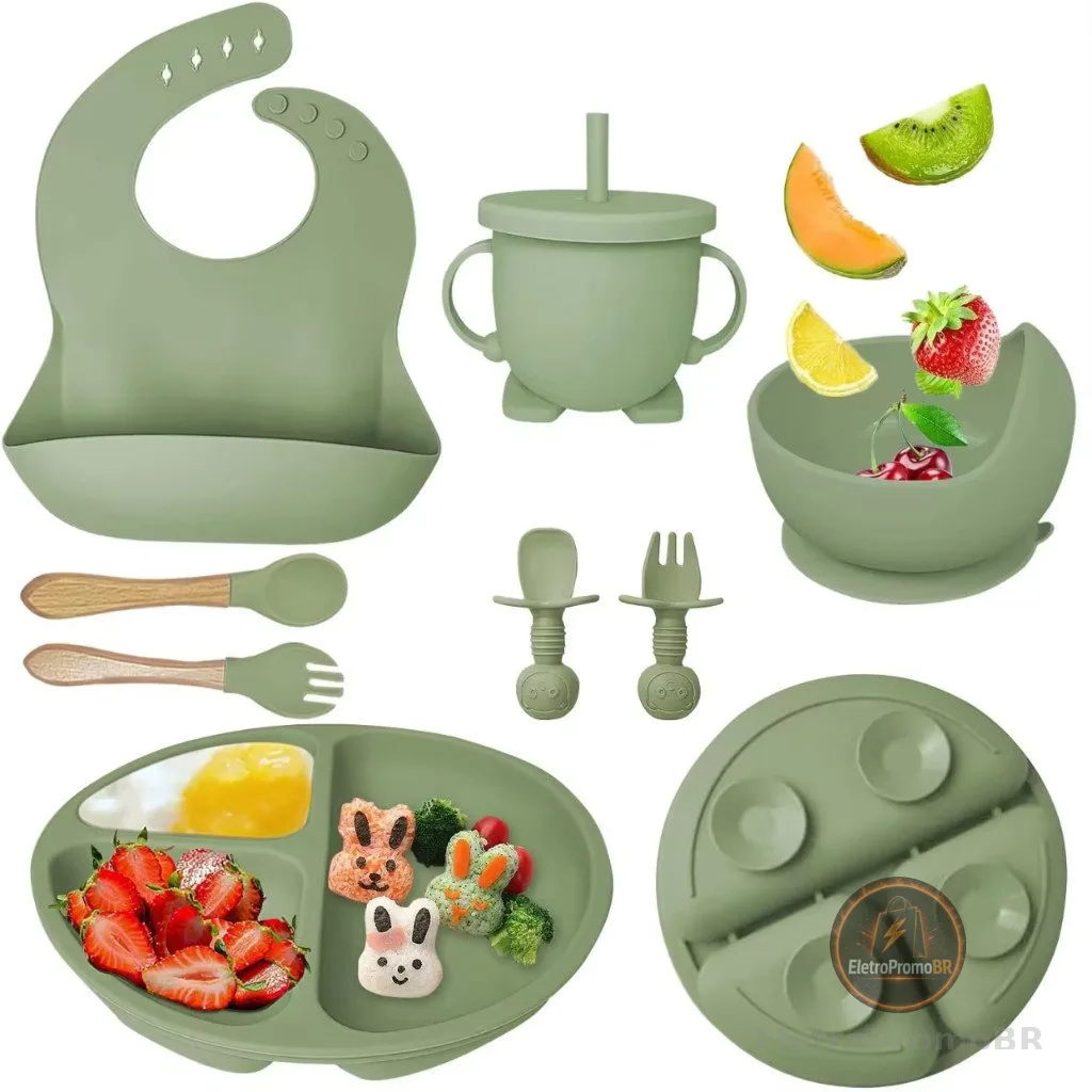 Kit 8pçs Talheres de Silicone p/ Bebê c/ Ventosa, Colher, Garfo, Canudo e Babador Infantil