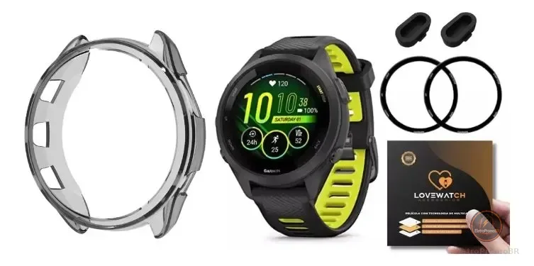 2 Películas + Capa Case + 2 Plugs Usb Para Garmin 265s 42mm  Transparente Preto