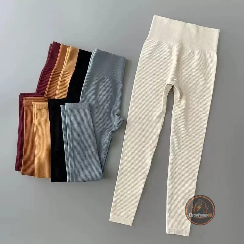 Calça Legging Push Up Canelada de Cintura Alta Sem Costura para Academia Feminina Esportiva sem Costura