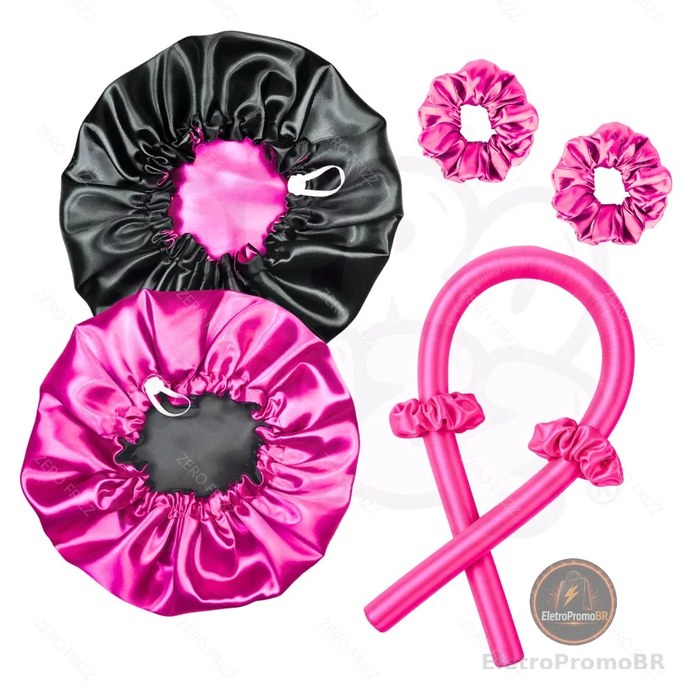 kit cetim touca cetim dupla face ajustável + modelador curling rod + scrunchies