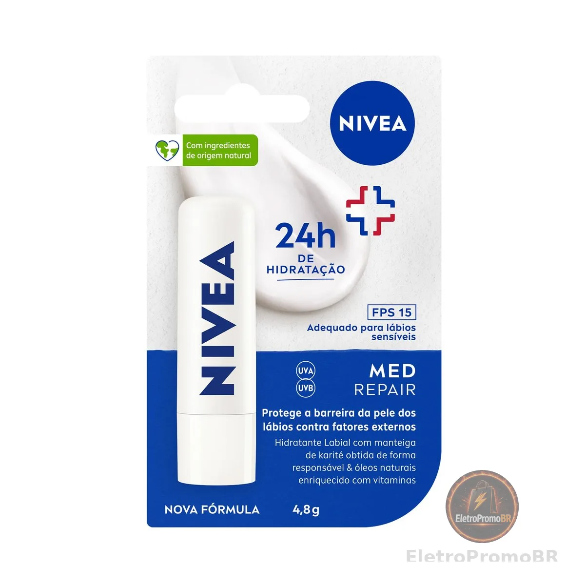 NIVEA Protetor Labial Med Repair FPS15 4,8g - Hidrata e regenera os lábios ressecados e machucados, com Vitamina E e óleos naturais, proporciona reparação intensiva e alívio imediato