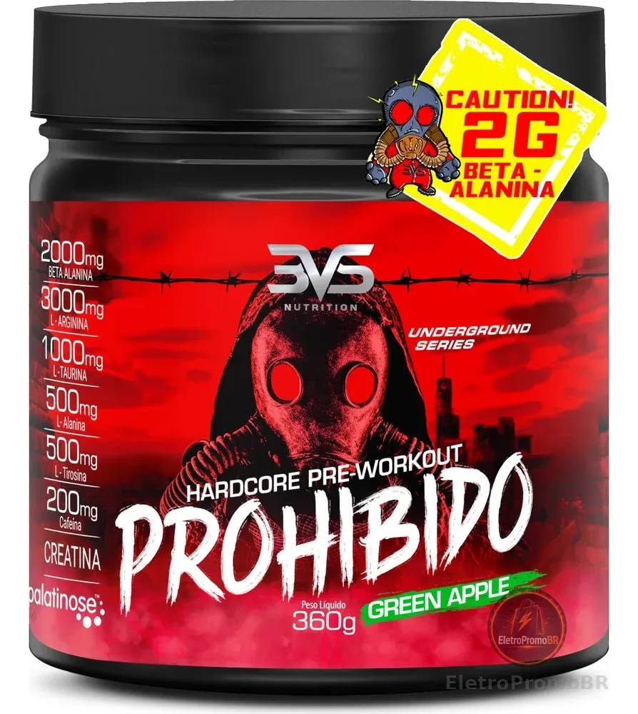 PRÉ TREINO PROHIBIDO 360g - Sabor: Green Apple - Fórmula Exclusiva com 8 ingredientes contendo Creatina, Beta Alanina, Taurina, Cafeína, Arginina, L-Tirosina, Palatinose e L-Alanina
