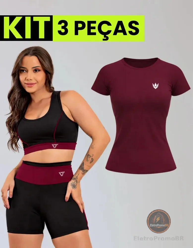 Kit Conjunto Fitness Feminino + Camiseta Roupa Academia Vermelho Liso G