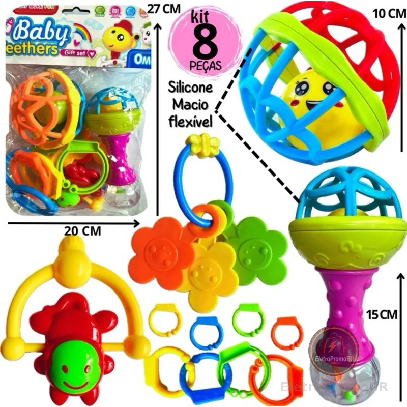 Kit Brinquedo Bebe Chocalho Mordedor Silicone Macio Bola Colorida 8 Peça Presente Para Menina e Menino Móbile para Berço