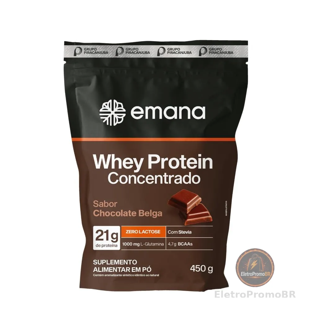 Emana Suplemento Alimentar em Pó Whey Protein Adoçado com Stevia Sabor Chocolate Belga - 450g