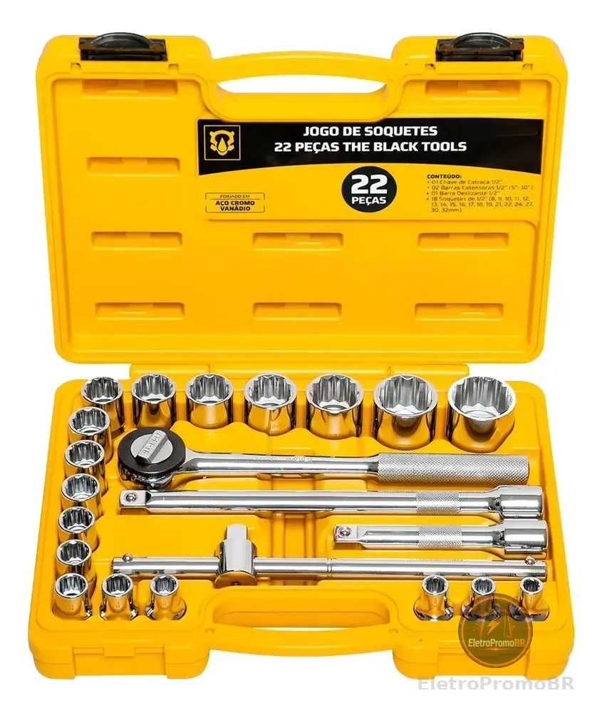 Jogo Kit de Ferramentas Manuais Chave Catraca 1/2 8 a 32mm BCS022 The Black Tools Cor Amarelo