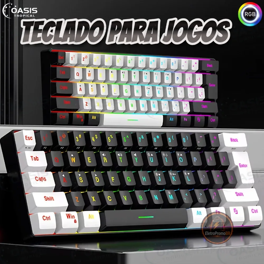 Teclado para jogos com fio 61-Key RGB Backlight Mini Compact USB-C Cabo de alimentação plugável