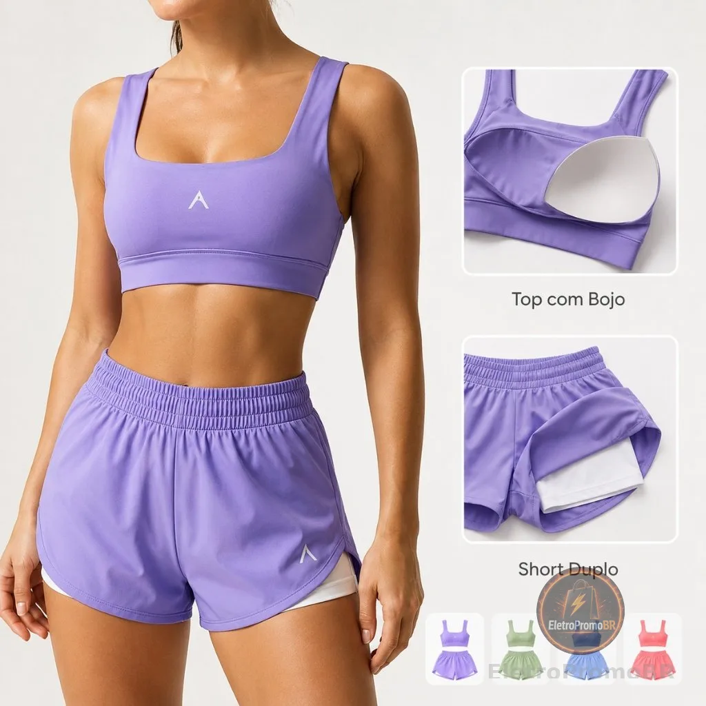 Conjunto Short Duplo Fitness Feminino Top com Bojo Premium Poliamida Tactel Academia Corrida Cintura Alta