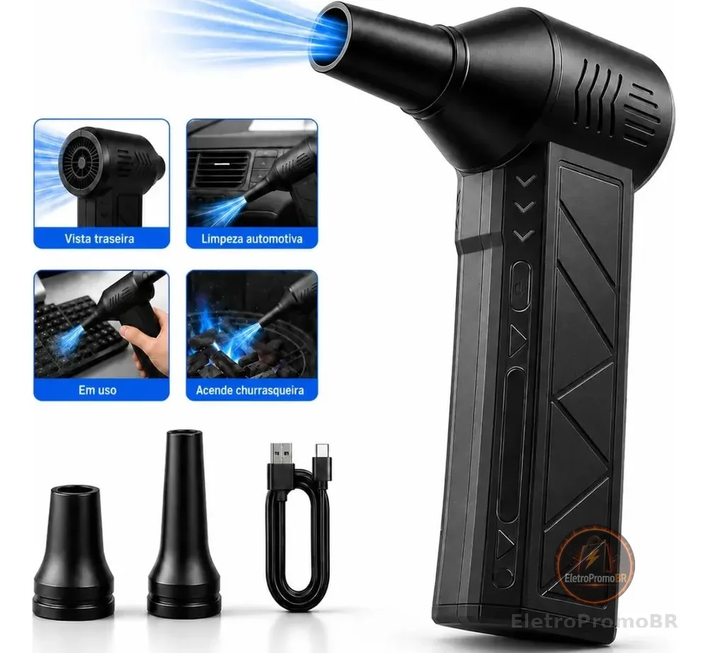 Soprador De Ar Mini Turbo Portátil Usb Sem Fio Recarregável Para Limpeza Com 2 Bicos E Inflar Preto Woosh