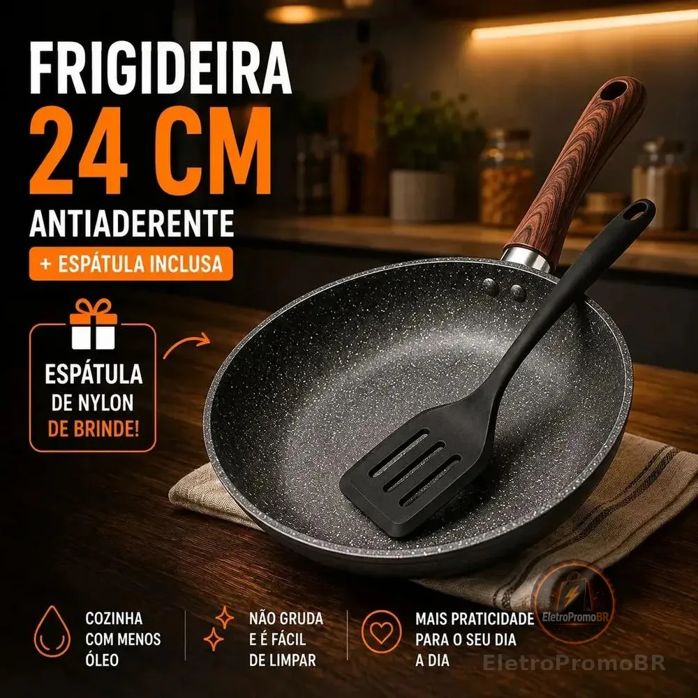 Frigideira Antiaderente Cerâmica Granito 24cm com Espátula Cabo de Madeira Indução Cooktop e Fogão a Gás Não Gruda Sem Óleo Viacruz