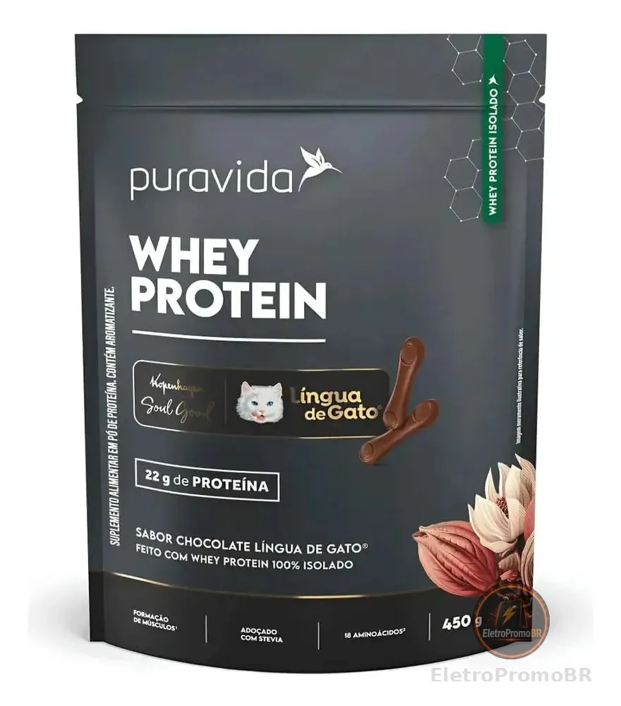Whey Protein Isolado Chocolate Língua De Gato 450g Puravida Chocolate Língua De Gato