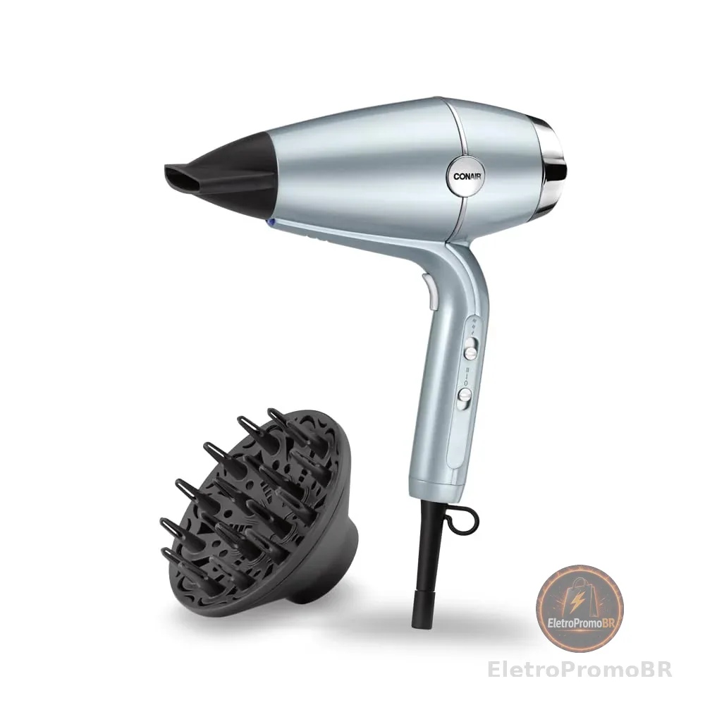 Secador de Cabelo Conair Hydro-Fusion com Difusor, 2 Velocidades, 2 Temperaturas 1875W Prateado 127V