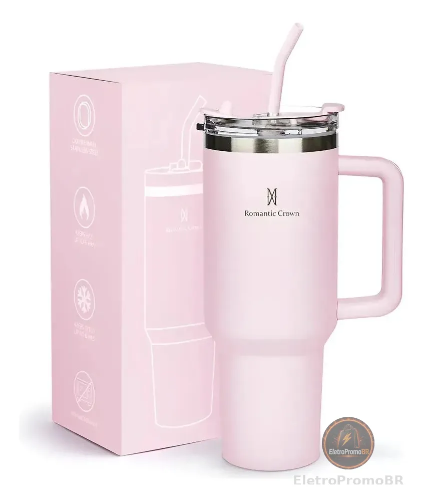 Copo Térmico Gigante 1,2l Inox Com Tampa E Inox Canudo Cor Rosa Cor Pura / Material Fosco