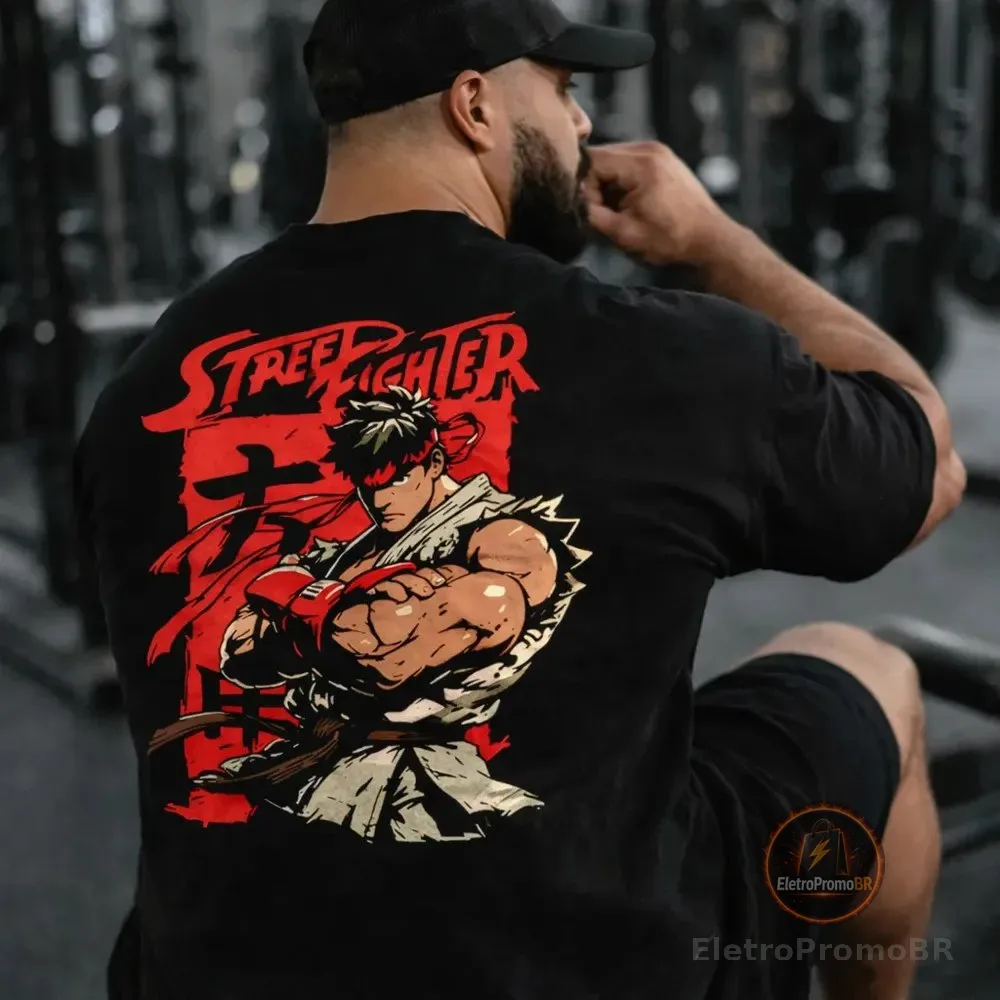 Camiseta Oversized Street Fighter Ryu T-shirt 100% Algodão Preto G1