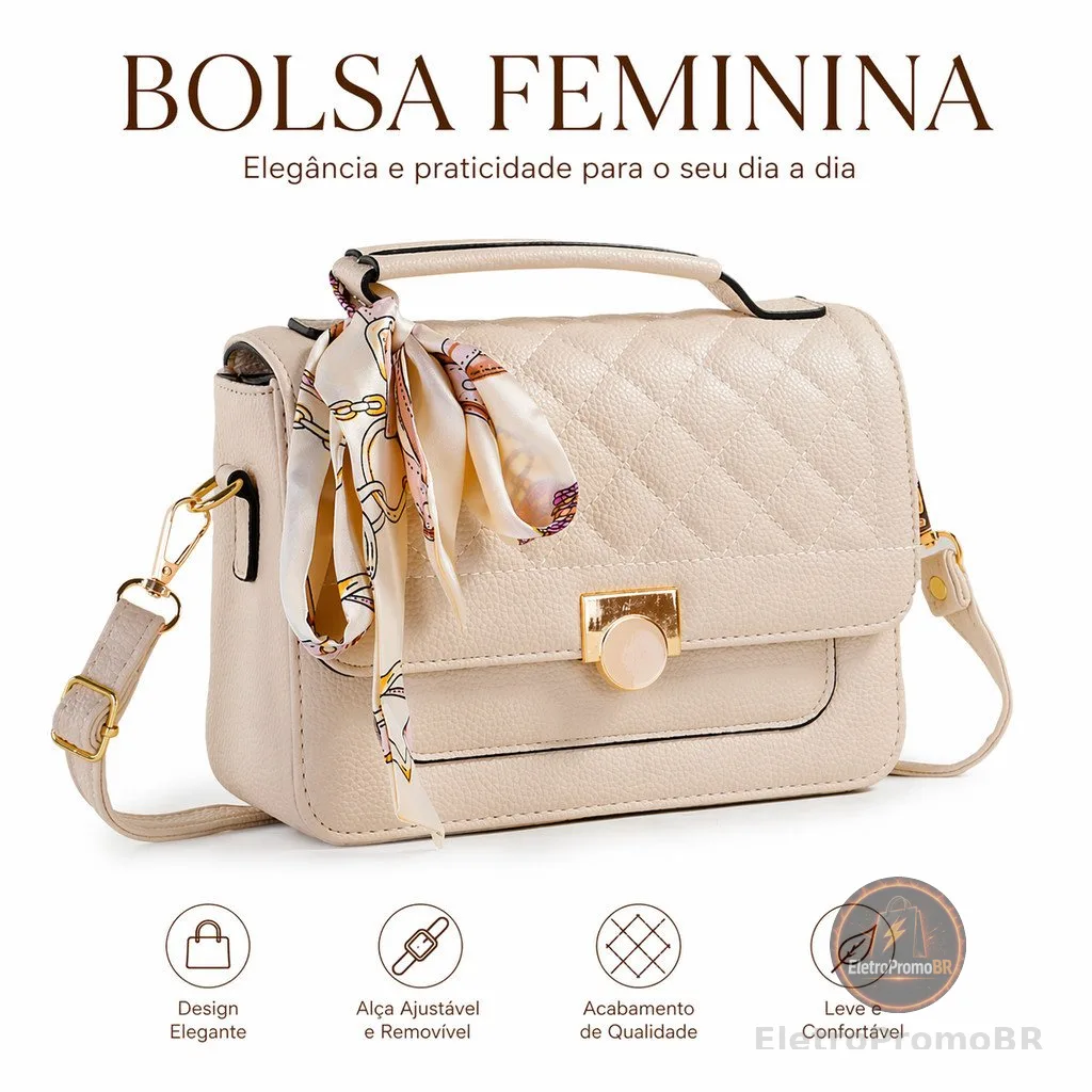 Bolsa Feminina Baú Transversal Média com Lenço Alça Tiracolo Estruturada e Espaçosa