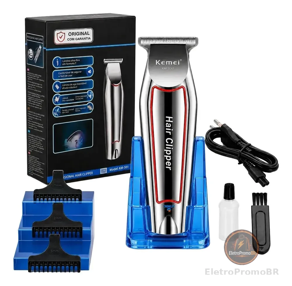 Maquina Acabamento Cortar Cabelo Barba E Pelos Kemei 032 Prateado 127/220v