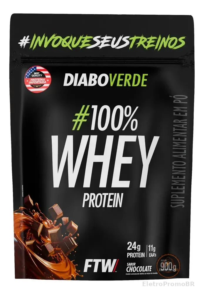 Suplemento Em Pó 100% Whey Protein Diabo Verde Sabor Chocolate Refil 900g FTW