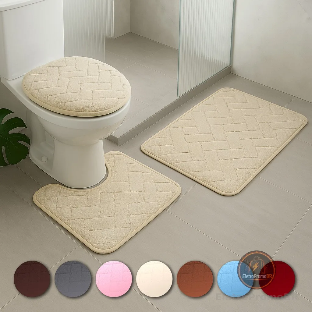 Kit Jogo 3 Peças Tapete Banheiro Premium Estampas Toque Macio Peluciado Antiderrapante Várias Cores