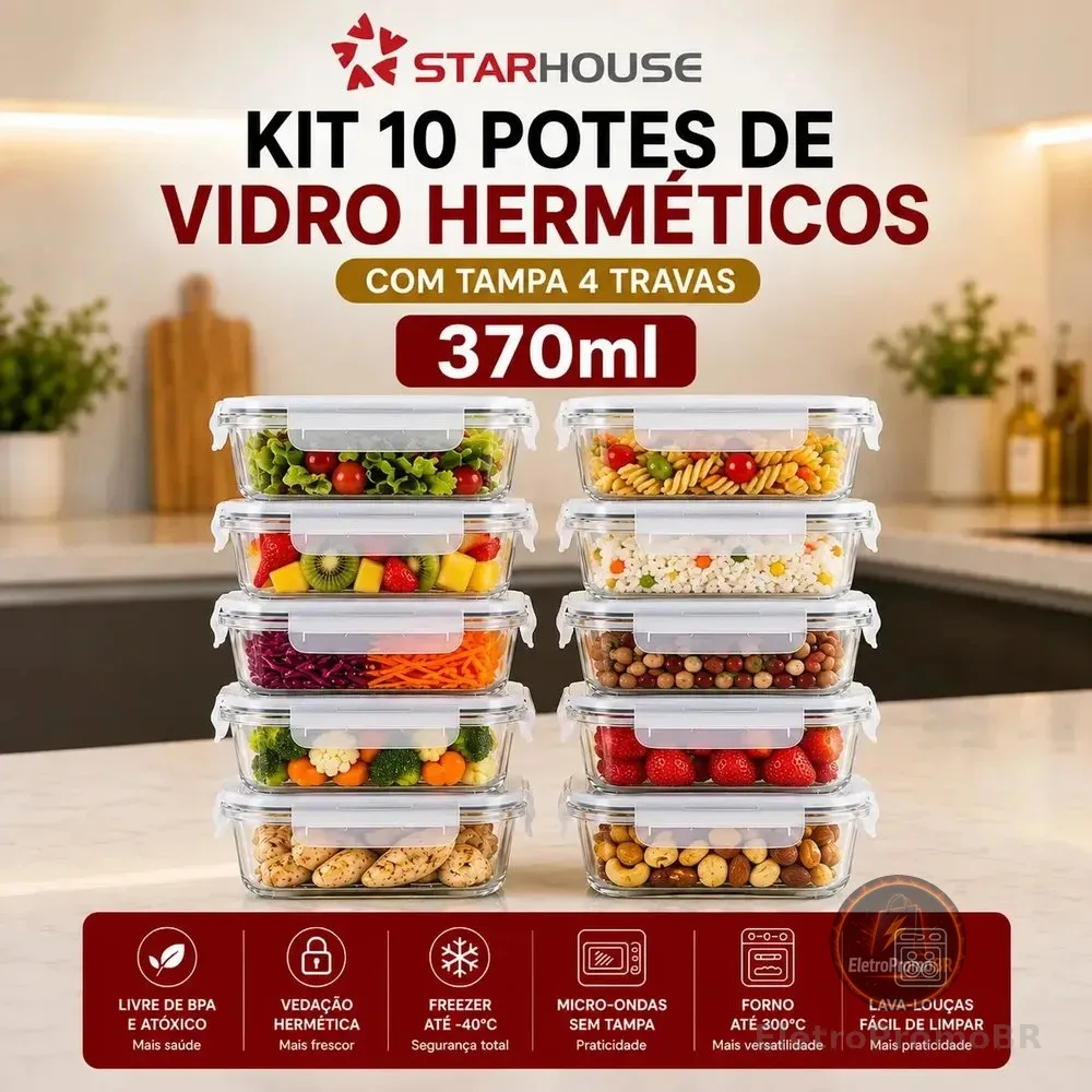 Kit 10 Potes Herméticos Vidro 370ml Starhouse Marmita Forno Micro-ondas Airfryer com 4 travas de super vedação