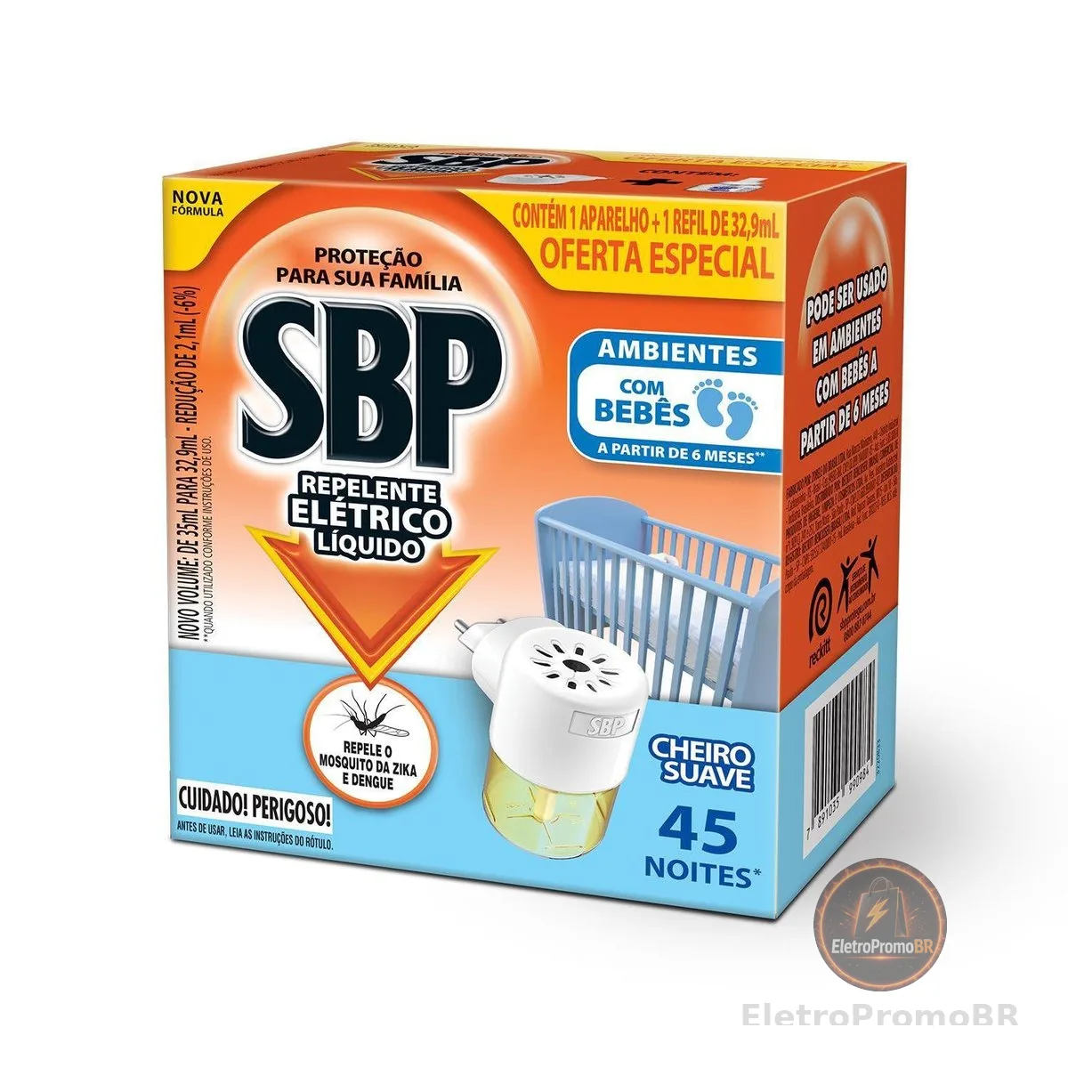 Repelente Elétrico Líquido SBP 45 Noites Cheiro Suave Novo Aparelho + Refil