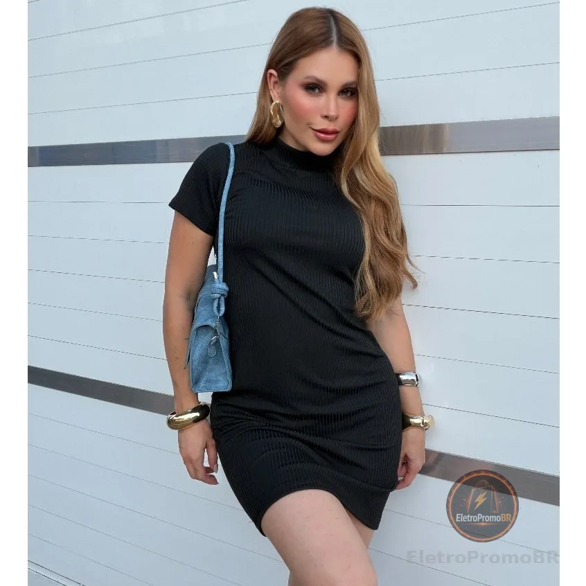 Vestido Feminino Canelado Gola Alta Tubinho Justo Moda Blogueira Premium Coladinho Confortável