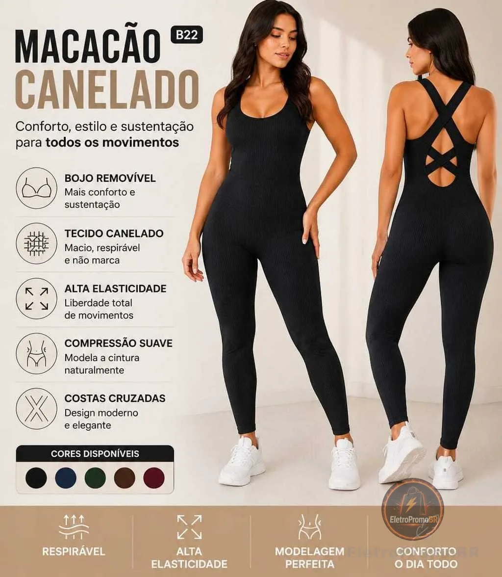 Macacão Fitness Feminino Sem Costura Canelado Modelador Costas Cruzadas Bojo Removível B22
