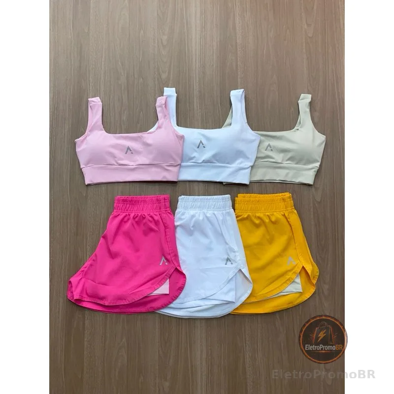 Conjunto de Short Duplo em poliamida e tectel soltinho e Top fitness Slim e Plus size Camila