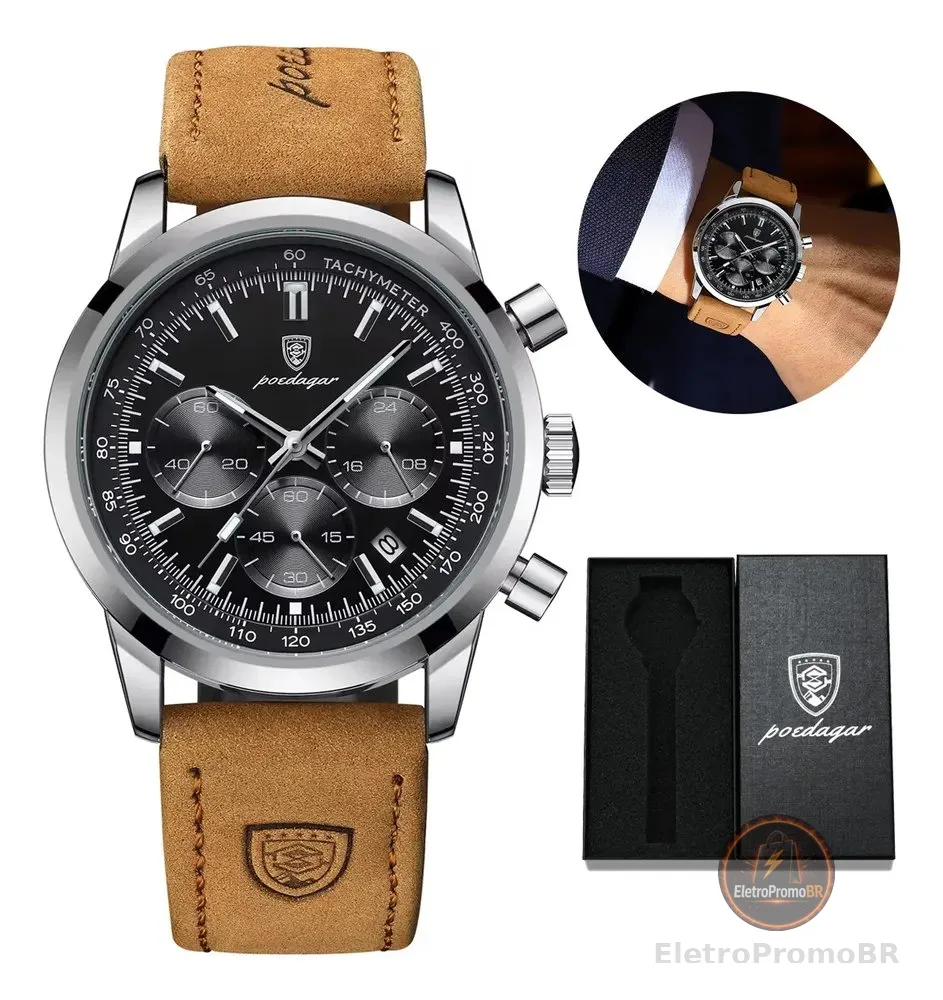 Relógio Masculino Poedagar 921 Original De Luxo Com Caixa Marrom-claro Preto