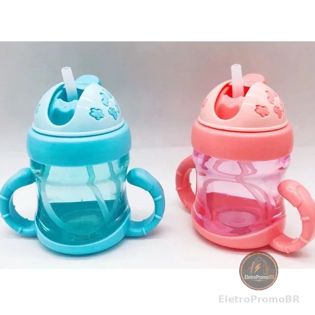 Copo de água potável 200ML com tampa e canudo + alça de plástico para crianças, bebê