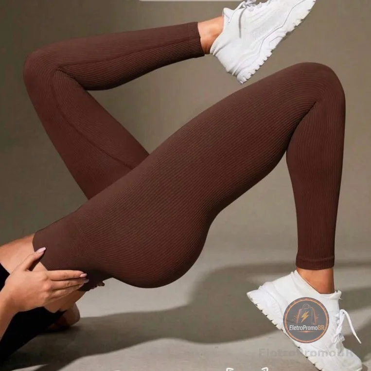 Calça Legging Canelada de Cintura Alta Sem Costura para Academia Feminina, Elástica e Fitness