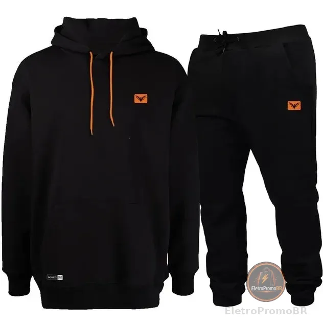 Conjunto De Frio Moletom Com Capuz Canguru Flanelado Preto
