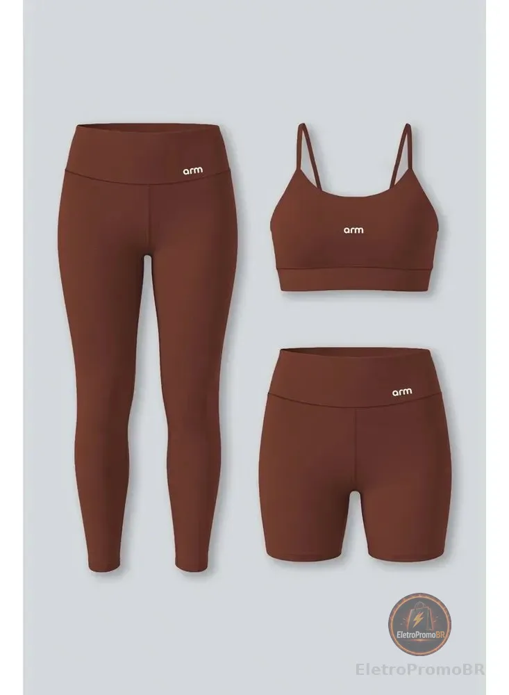 Kit Conjunto Fitness Legging E Short Powerslim + Top Alça Avelã Liso M - M