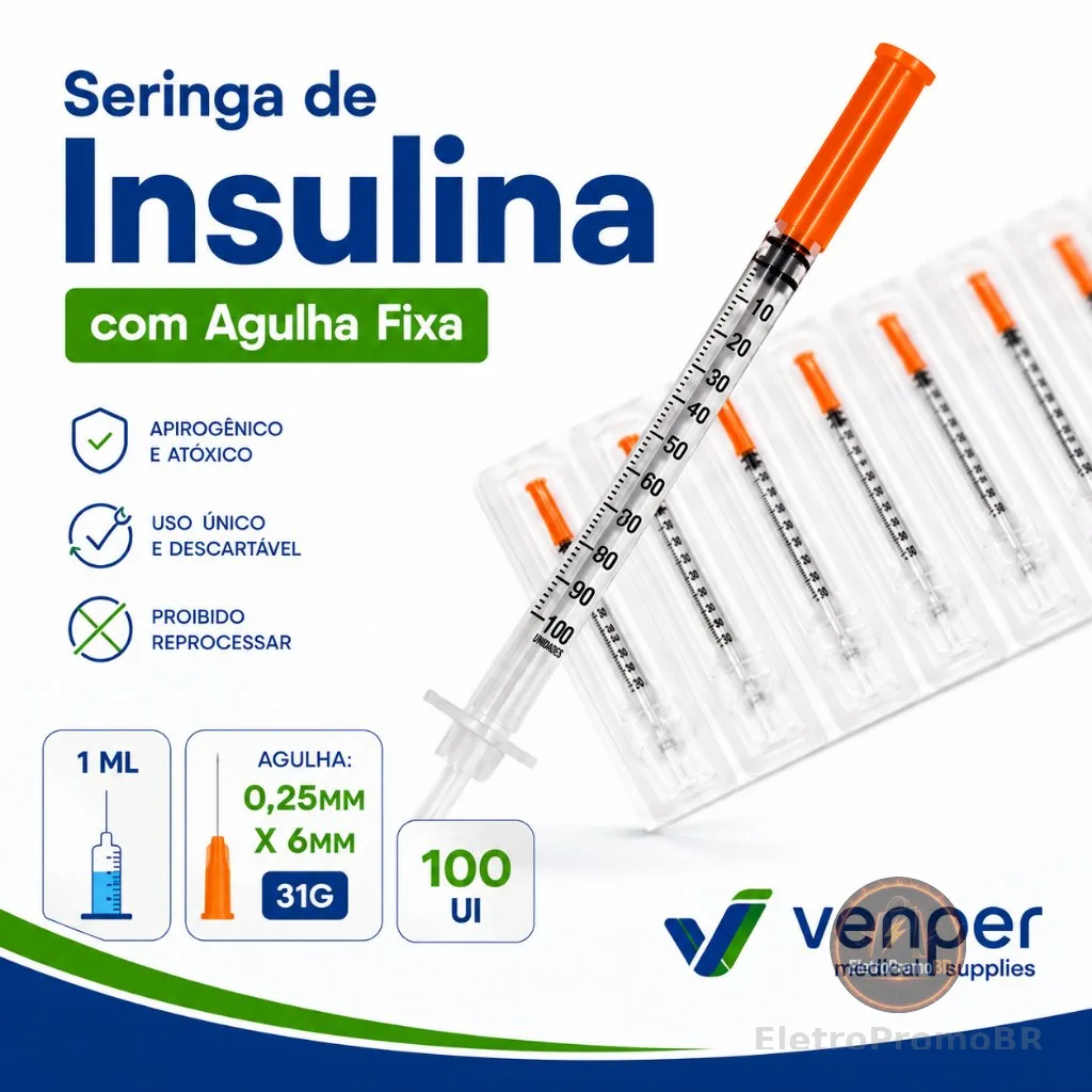 Seringa de Insulina Botox 1ml 100 UI com Agulha Fixa e Ultra Fina 6 x 0,25MM 31G - VENPER