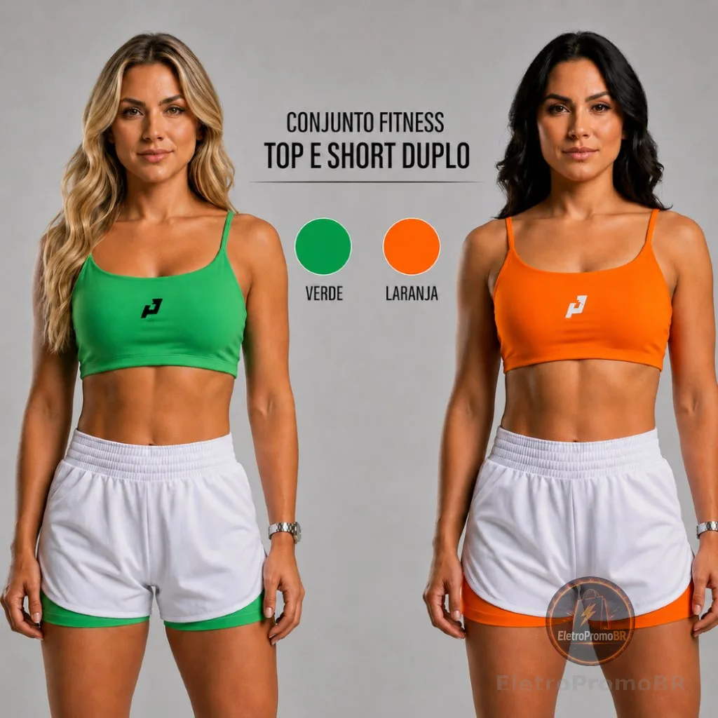 Conjunto Fitness Feminino Top e Short Duplo Corrida Academia Treino Cintura Alta Sem Transparência
