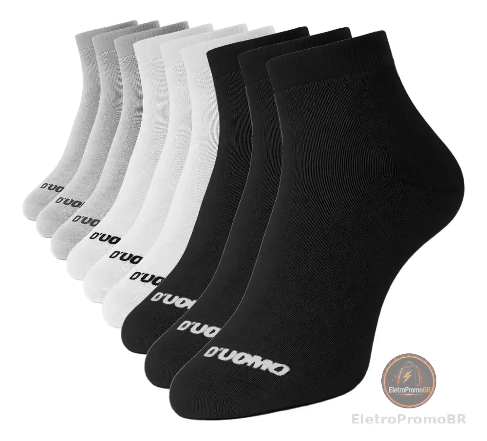 Kit 9 Pares Meia Cano Médio Algodão Macio Masculina Duomo 3 Brancas - 3 Cinzas - 3 Pretas Masculina Esportiva Toque Macio 39-44 Meia Academia Meia Esportiva