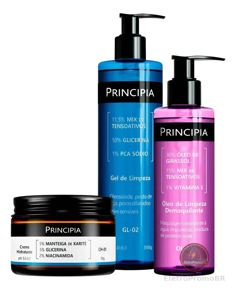 Principia Kit Limpeza E Hidratação Ch-01 + Ol-01 + Gl-02 Todo Tipo De Pele Dia/noite