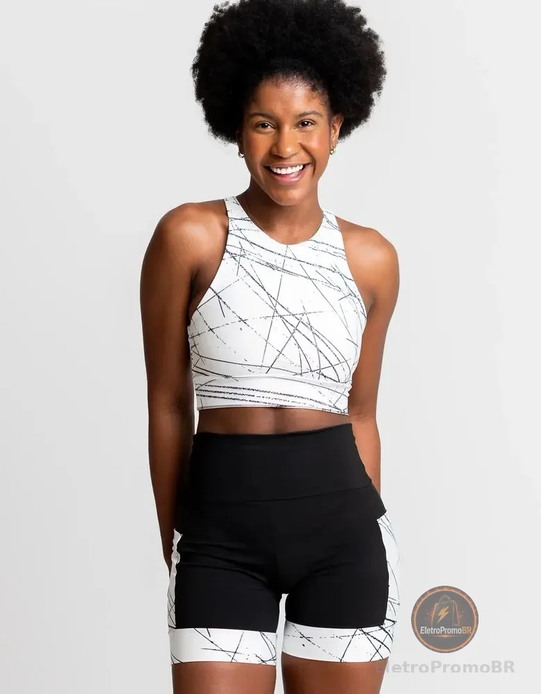 Conjunto Feminino Corrida Shorts E Cropped Com Bojo Corrida Black-white Liso G