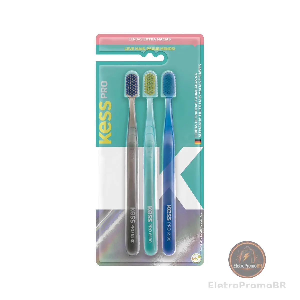 Kess, Pack com 3 Escovas Dentais Pro Extra Macias, Cores Sortidas